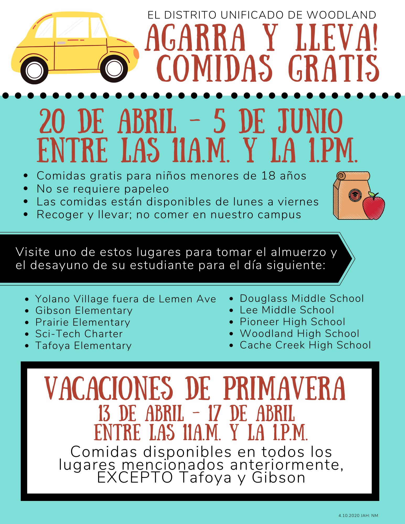 Agarra Y Lleva Comidas Gratis hasta el 1 de mayo entre las 11 AM y 1 PM